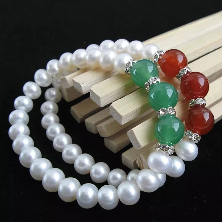 Freshwater Pearl Green/Red Jade Bracelet 7.5in