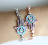 Boho Hamsa Hand Pendant & Rose Tennis Bracelet Set