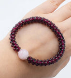 Garnet and Amethyst Pink Quartz Bracelet 7.5inch Handcrafted Beads