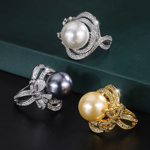 Copper Plated Shell Bead Bowknot Geometric Diamond Women's Ring