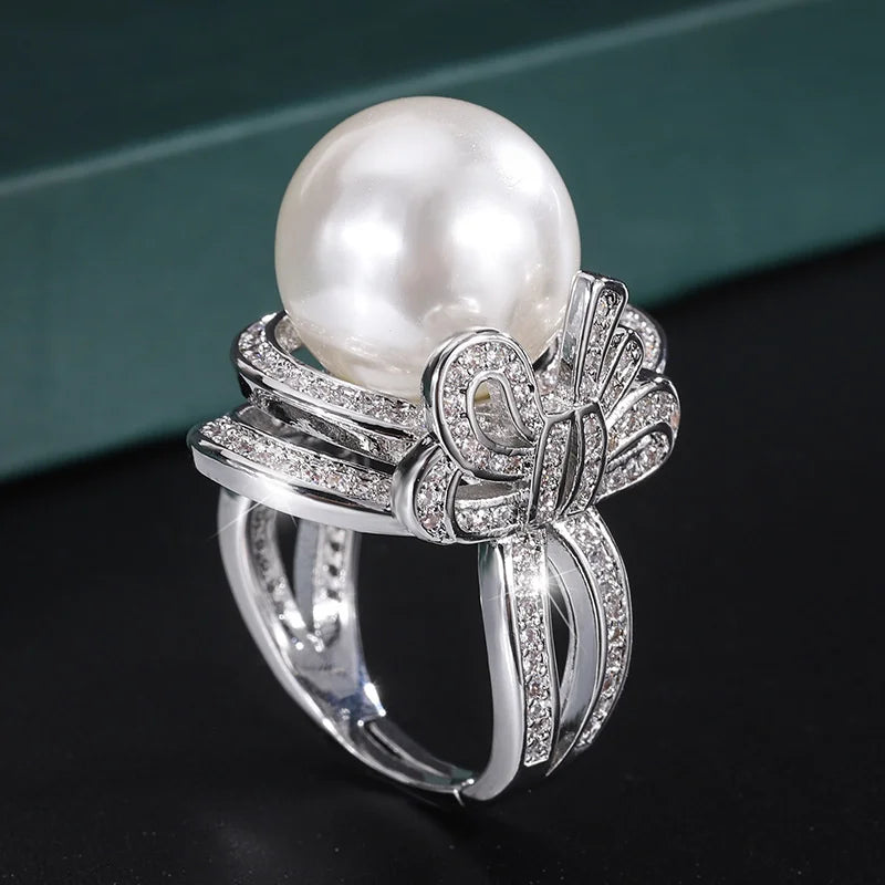 Copper Plated Shell Bead Bowknot Geometric Diamond Women's Ring