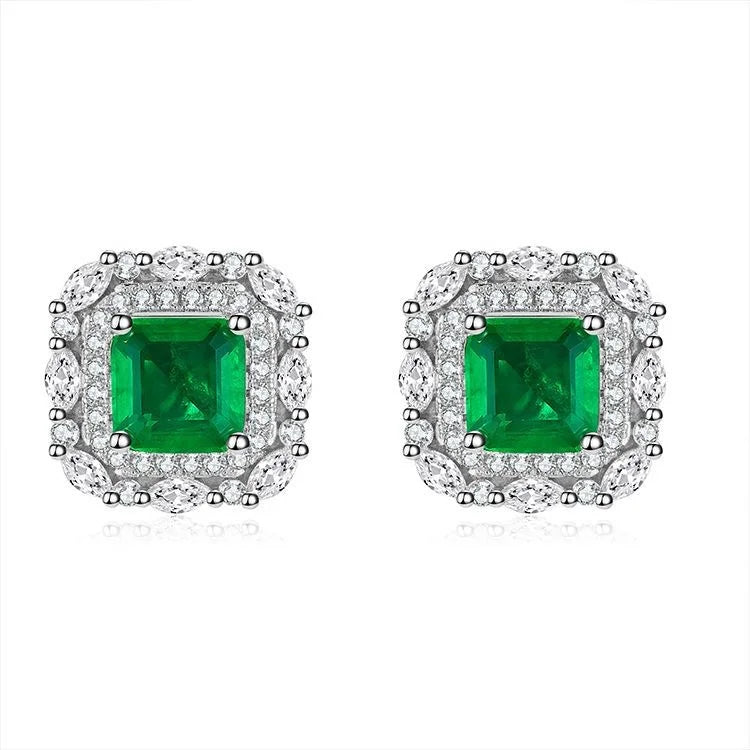 Colorful Emerald Square Earrings with Low Diamond Inlay