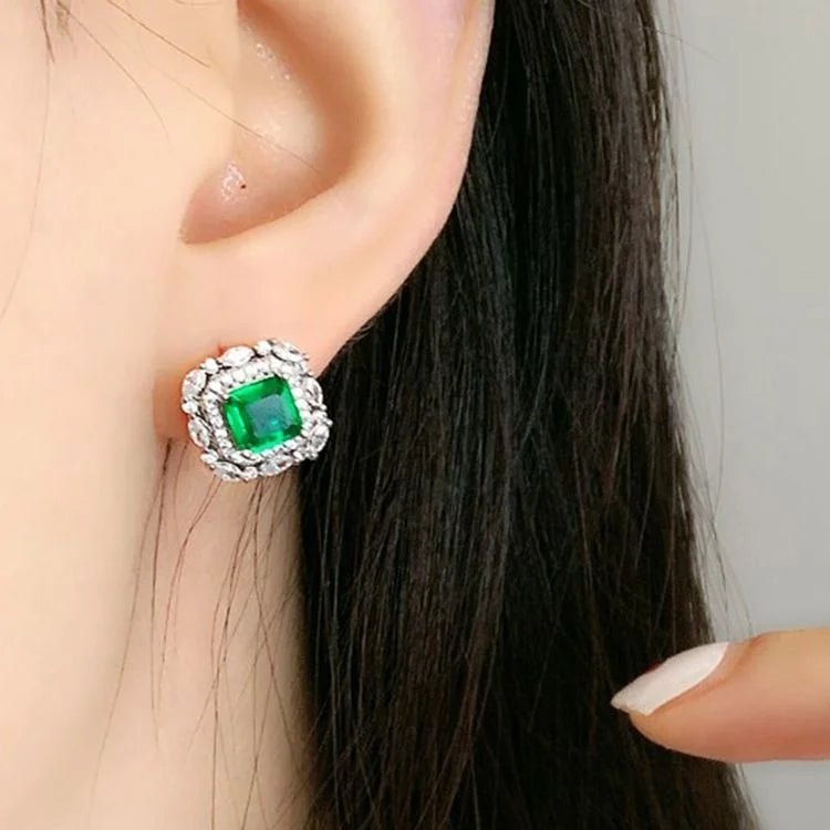 Colorful Emerald Square Earrings with Low Diamond Inlay