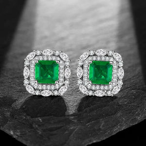 Colorful Emerald Square Earrings with Low Diamond Inlay
