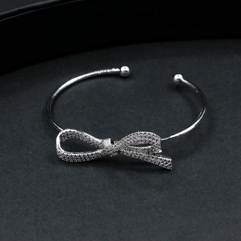 Micro Zircon Bow Ring Set, Open Bracelet Hollow Out Jewelry