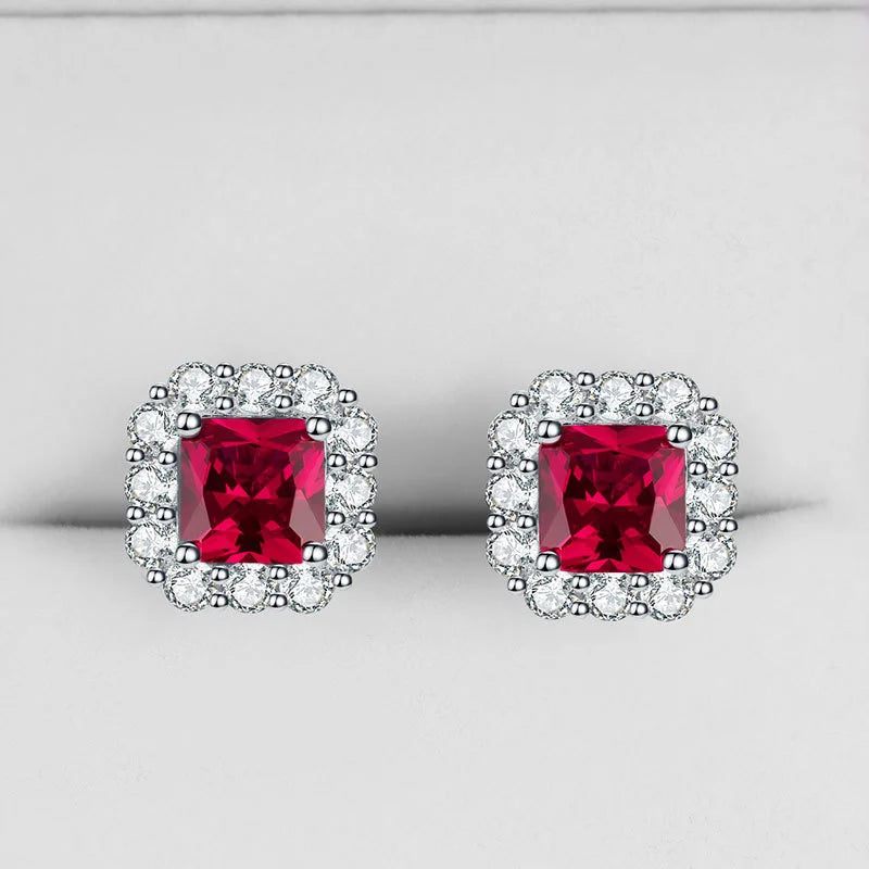 Colorful Treasure Women's Earrings with Simulated Pigeon Blood Red Square