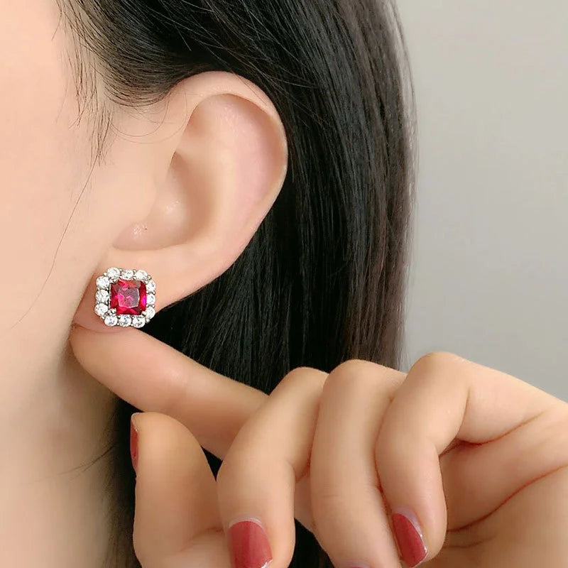 Colorful Treasure Women's Earrings with Simulated Pigeon Blood Red Square