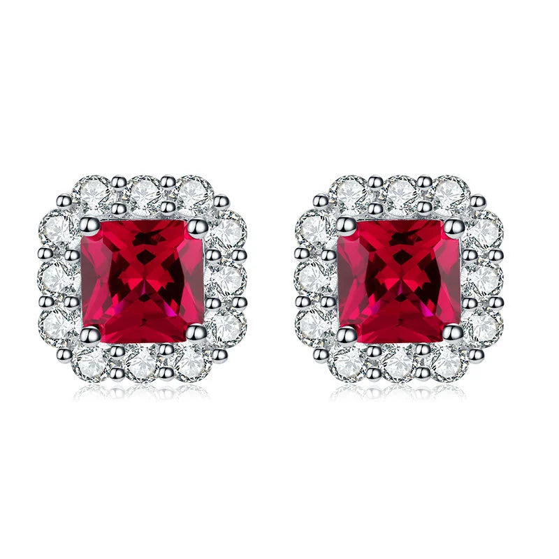 Colorful Treasure Women's Earrings with Simulated Pigeon Blood Red Square