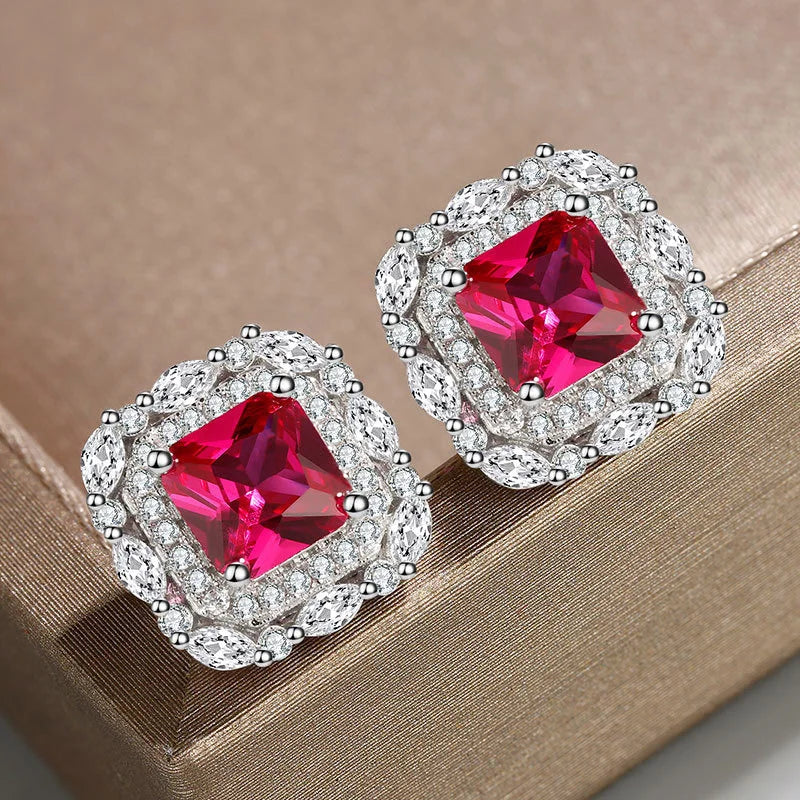 Pigeon Blood Red Square 6 * 6 Earrings Set