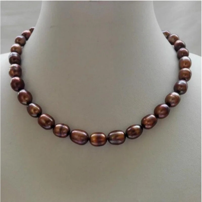 Coffee Brown Rice Pearl Necklace 9-10MM Cultured Freshwater