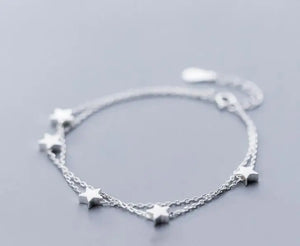 925 Silver Double Rows Stars Chain Bracelet GTLS792