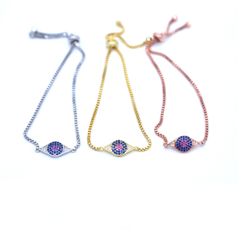 Evil Eye Micro Pave CZ Thin Adjustable Link Chain Bracelet