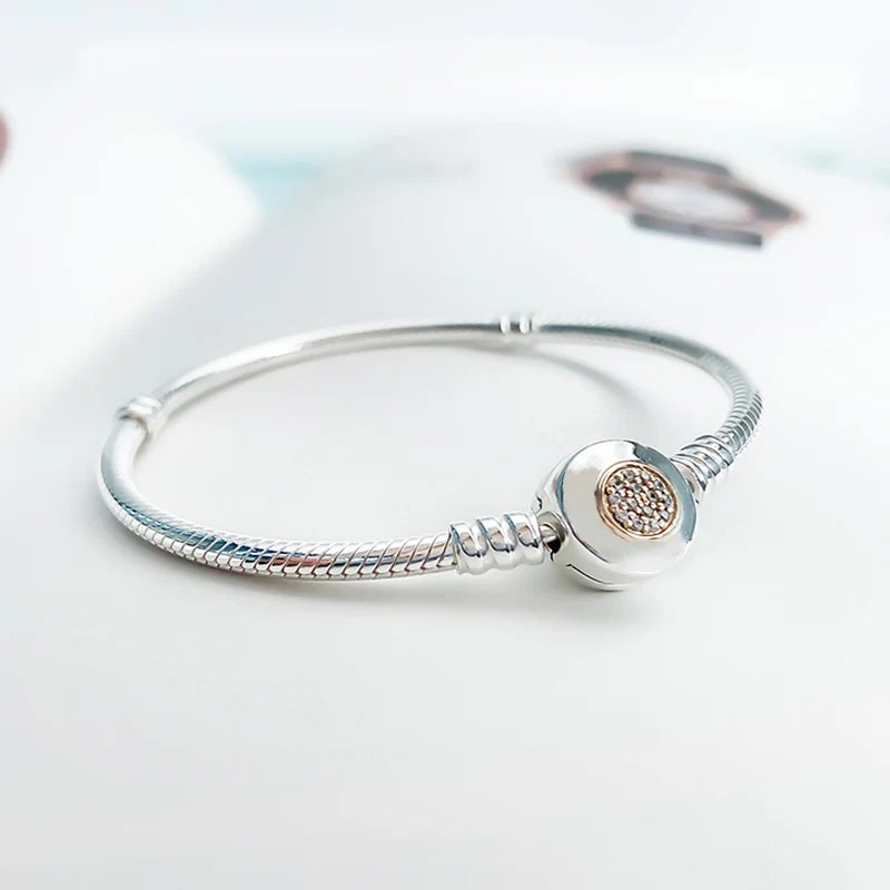 Silver Snake Chain Bracelet with Zircon Rim for Charms Beads