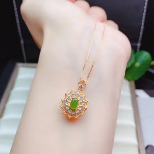 925 Silver Green Jade Necklace for Women Lucky Gem