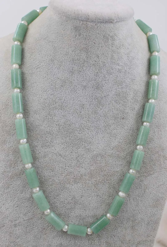 Green Jade Pillar Freshwater Pearl Necklace 19inch