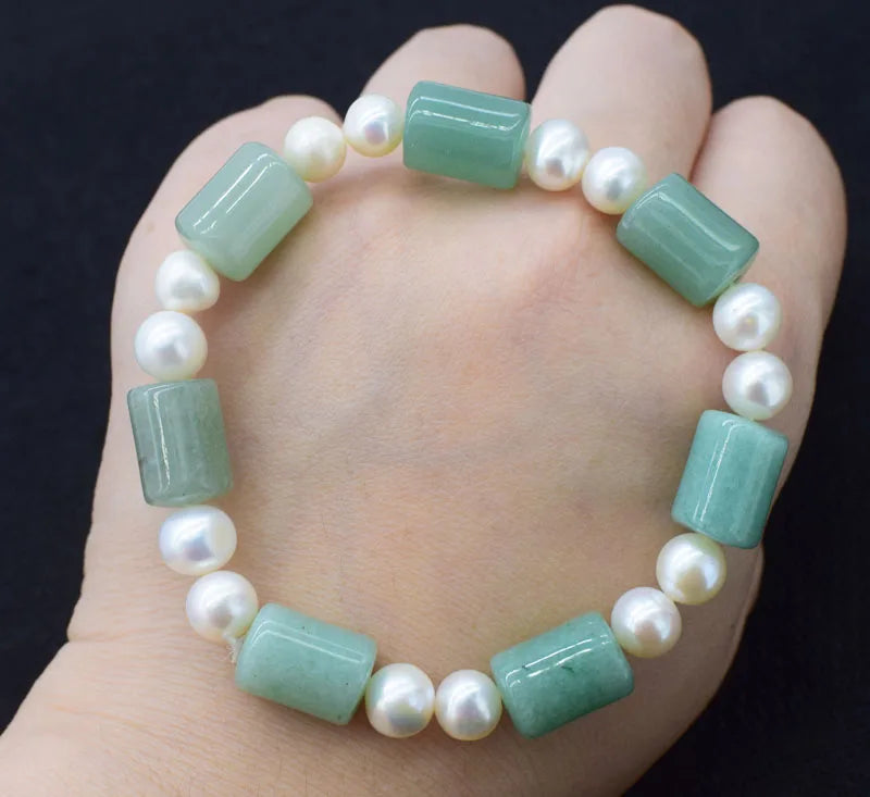 Green Jade Pillar Freshwater Pearl Bracelet 8" Gemstone Beads