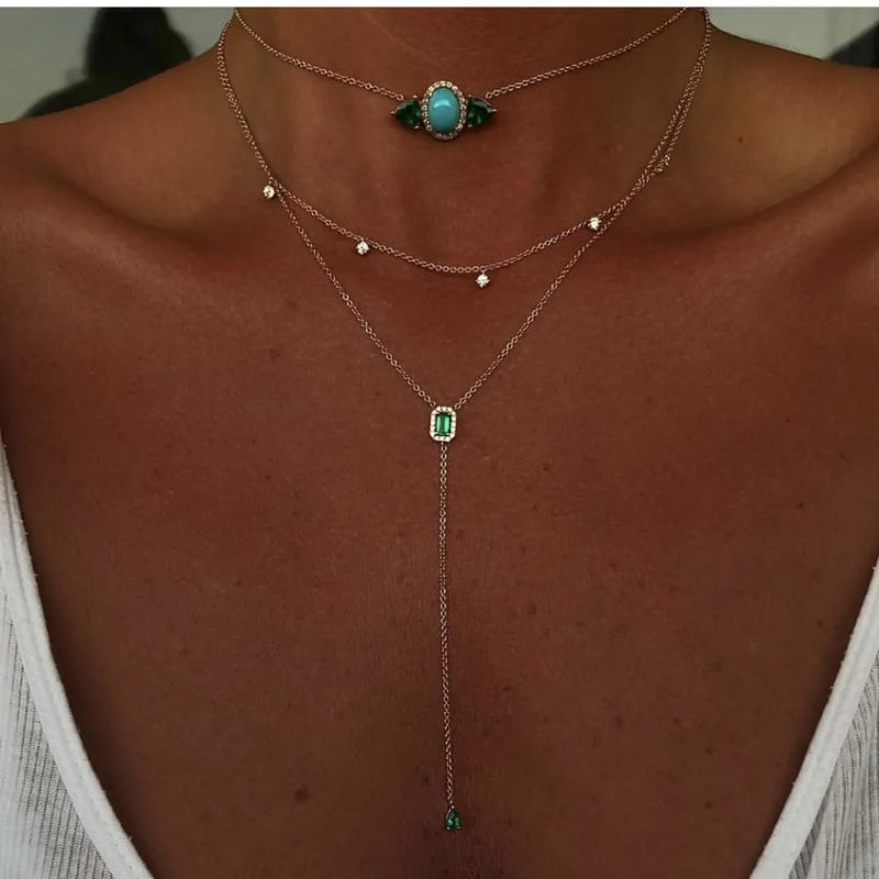 Green Turquoise Stones 925 Sterling Silver Choker Lariat Necklace