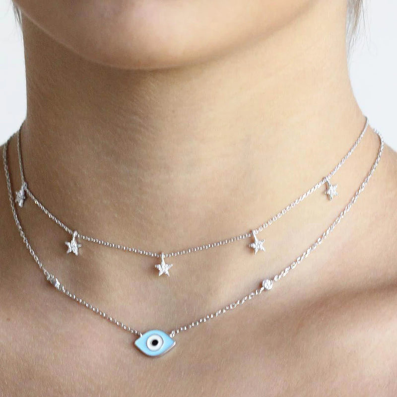 925 Silver CZ Star Choker Necklace 5pc Pendant Layer Jewelry