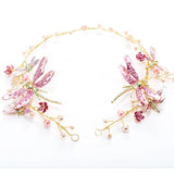 Pink Dragonfly Headpiece Pearls Wedding Headband Boho Bridal Hair Jewelry