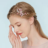 Pink Dragonfly Headpiece Pearls Wedding Headband Boho Bridal Hair Jewelry