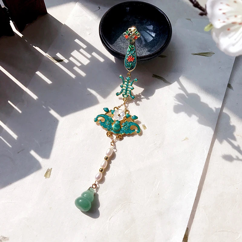 Vintage Cloisonne Good Fortune Tea Ceremony Clothing Fan Chi-Pao Pendant