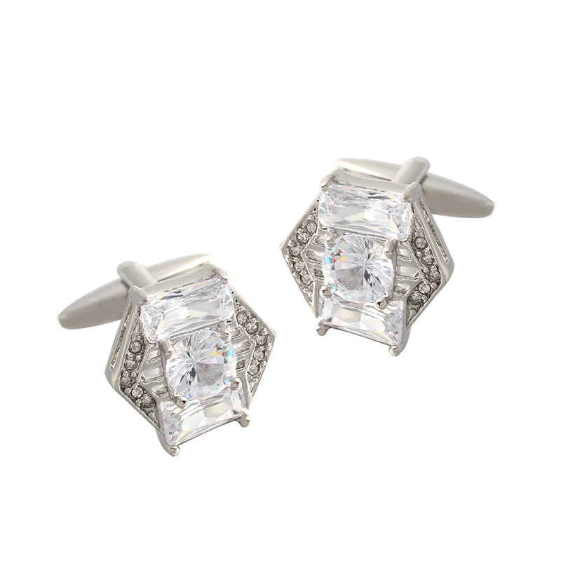 Hexagonal Rhinestone Zircon Silver Plated Cufflinks