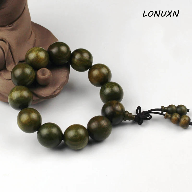 18mm Green Sandalwood Beaded Bracelet for Men Women