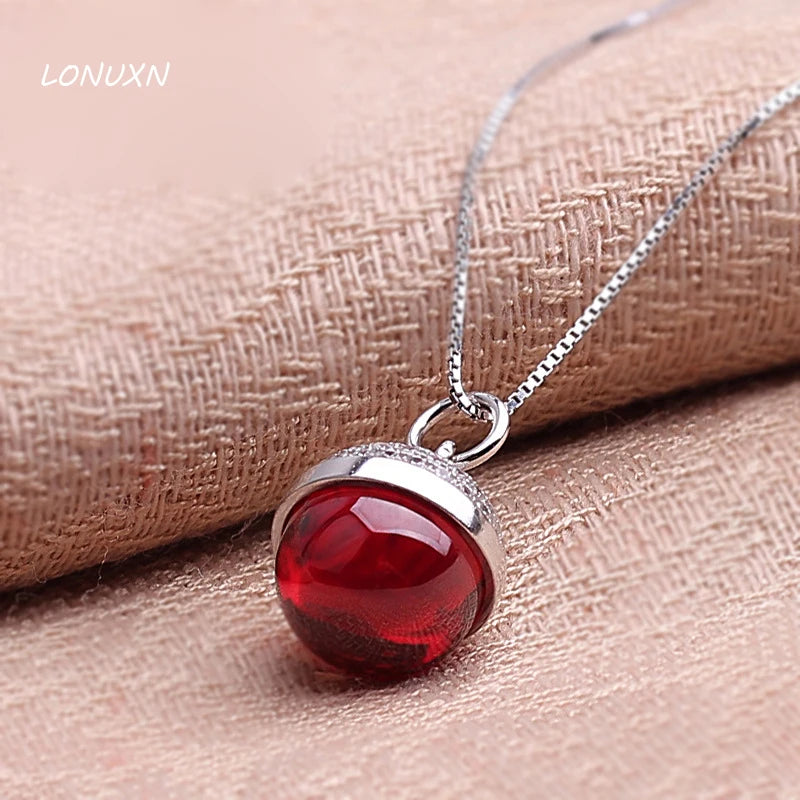 925 Silver Necklace Red Garnet Pendant Bohemia Natural Stone Women Jewelry