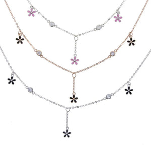 925 Silver Daisy Flower Charm Necklace CZ Paved Enamel Choker