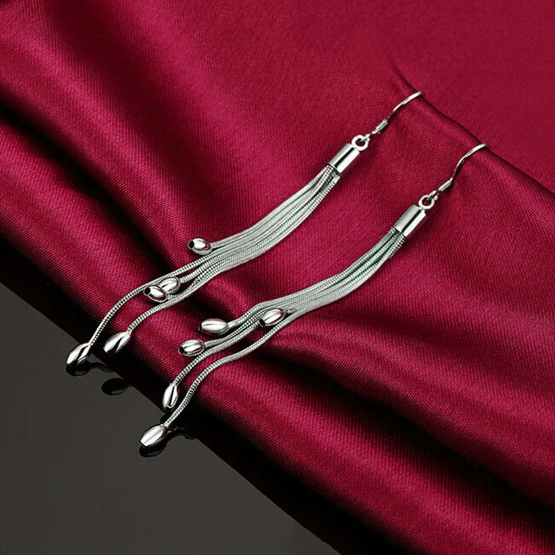 925 Sterling Silver Tassel Bead Earrings for Women Party Wedding Jewelry