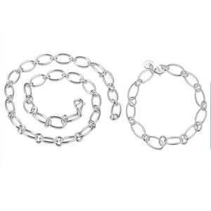 925 Silver Chain Necklace Bracelet Set, Circle Design Jewelry