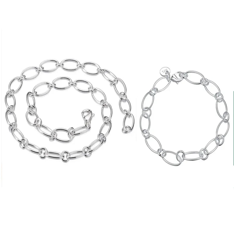 925 Silver Chain Necklace Bracelet Set, Circle Design Jewelry