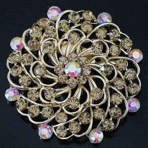 Rhinestone Crystal Flower Brooch Gold-color Round Pin B1224