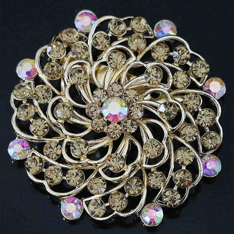 Rhinestone Crystal Flower Brooch Gold-color Round Pin B1224