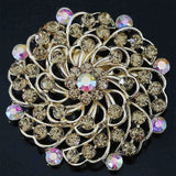 Rhinestone Crystal Flower Brooch Gold-color Round Pin B1224