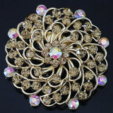 Rhinestone Crystal Flower Brooch Gold-color Round Pin B1224