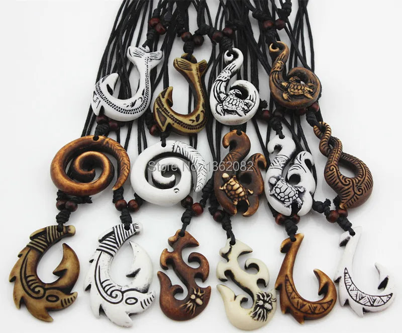 15pcs/lot Hawaiian Bone Carved Maori Fish Hook Pendant Necklace Choker YN542