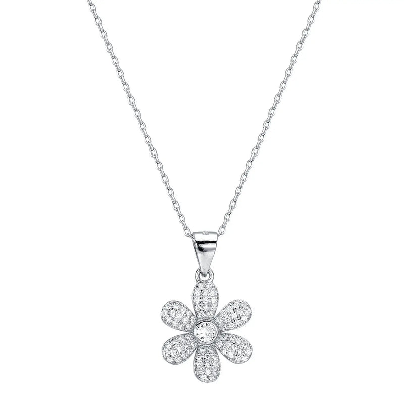 925s Silver Diamond Flower Pendant Women Necklace