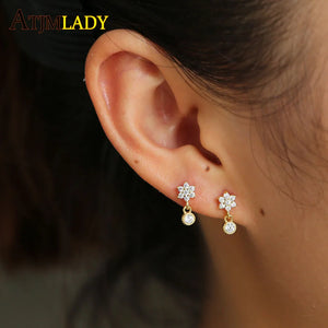 Minimalist CZ Flower Earrings 925 Silver Young Girls Delicate Dainty Lovely