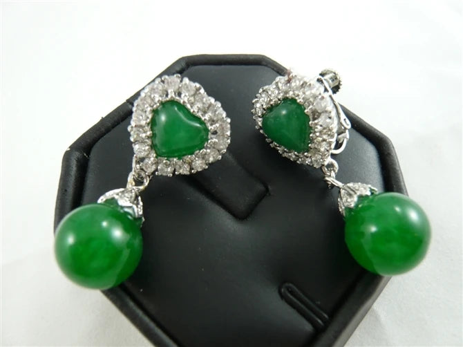 Green/Red Jade Crystal Heart Clip-On Earrings