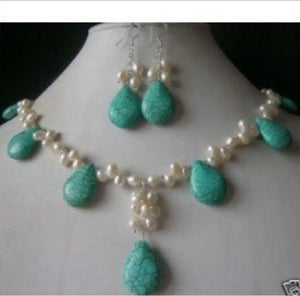Charming White Pearl & Turquoise Necklace Earring Set
