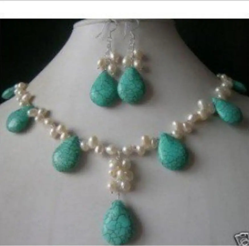 Charming White Pearl & Turquoise Necklace Earring Set