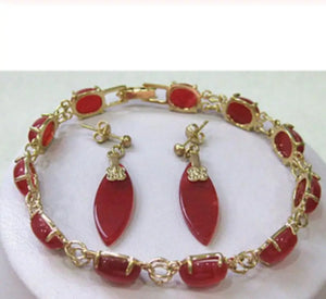 Red Ruby Link Jewelry Set 18K Plated Watch Quartz Stone CZ Crystal