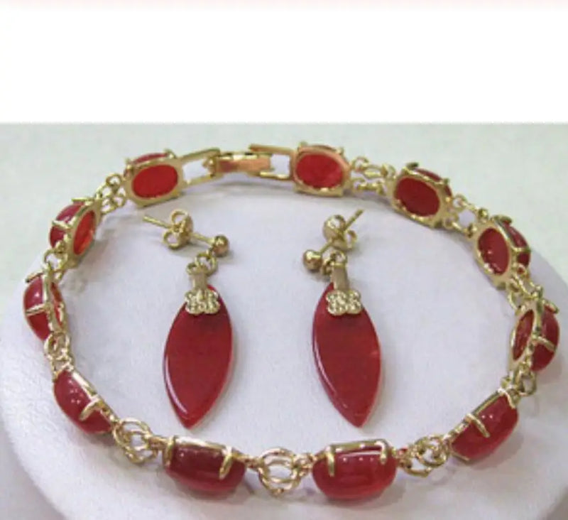Red Ruby Link Jewelry Set 18K Plated Watch Quartz Stone CZ Crystal