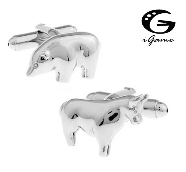 iGame 1 pair Cuff Links Silver Bull Bear Novelty Brass Animal