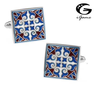 iGame Men Gift Cuff Links - Royal Flower Engraved Enamel