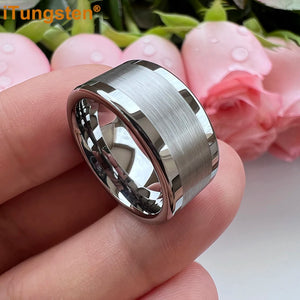 iTungsten 10mm Men Ring Flat Tungsten Wedding Band Center Brushed Finish