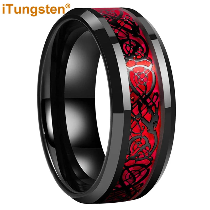 iTungsten 8mm Dragon Tungsten Ring Red Carbon Fiber Comfort Fit