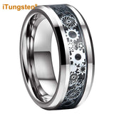 8mm Gear Ring Tungsten Wedding Band with Carbon Fiber Inlay