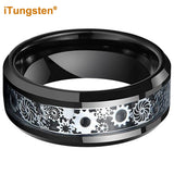 8mm Gear Ring Tungsten Wedding Band with Carbon Fiber Inlay